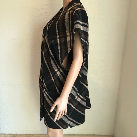 Lucky Brand Caftan Open Cardigan Brown/Black Plaid Women’s Size M Poncho Shawl - Picture 4 of 16